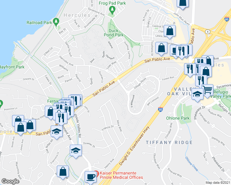 map of restaurants, bars, coffee shops, grocery stores, and more near 65 Glenwood in Hercules