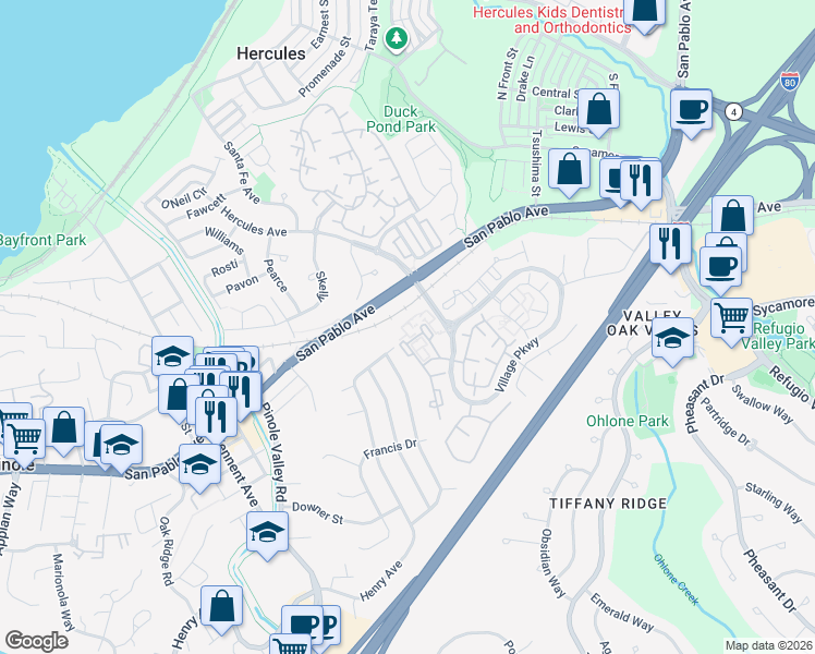 map of restaurants, bars, coffee shops, grocery stores, and more near 65 Glenwood in Hercules