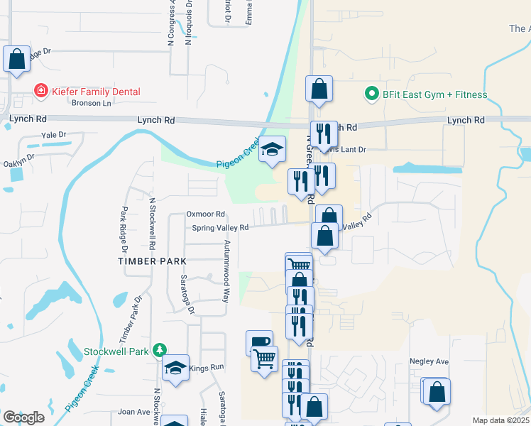 map of restaurants, bars, coffee shops, grocery stores, and more near 4446 Spring Valley Road in Evansville