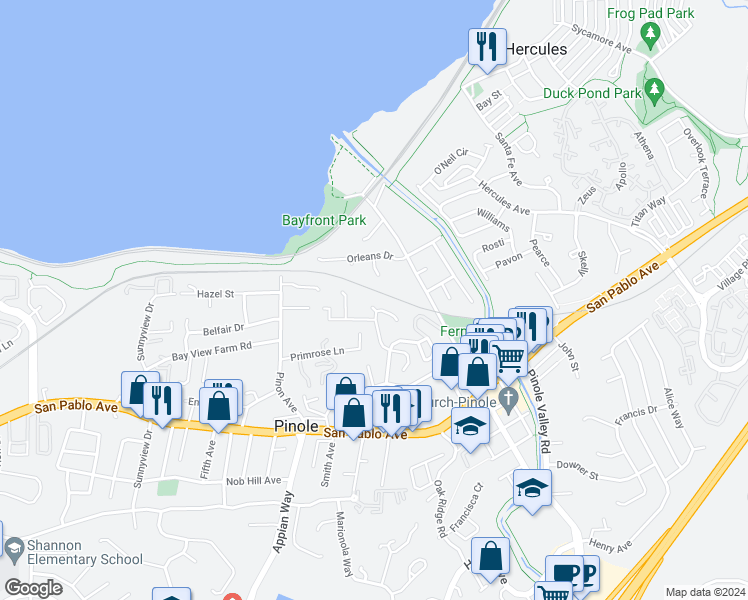 map of restaurants, bars, coffee shops, grocery stores, and more near 362 Summit Court in Pinole