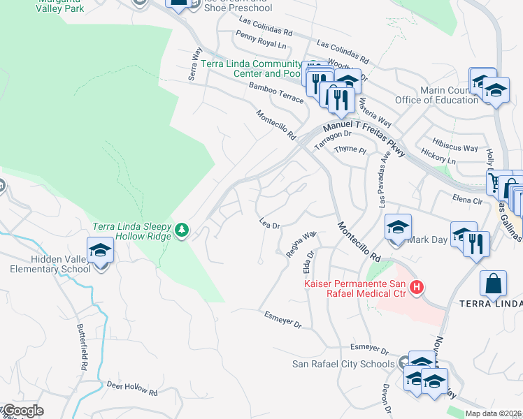 map of restaurants, bars, coffee shops, grocery stores, and more near 17 Forest Lane in San Rafael