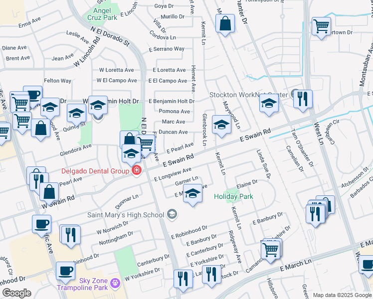 map of restaurants, bars, coffee shops, grocery stores, and more near 322 East Pearl Avenue in Stockton
