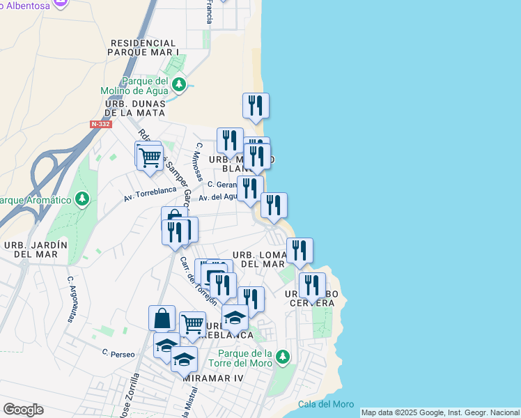 map of restaurants, bars, coffee shops, grocery stores, and more near Avenida del Agua in Torrevieja