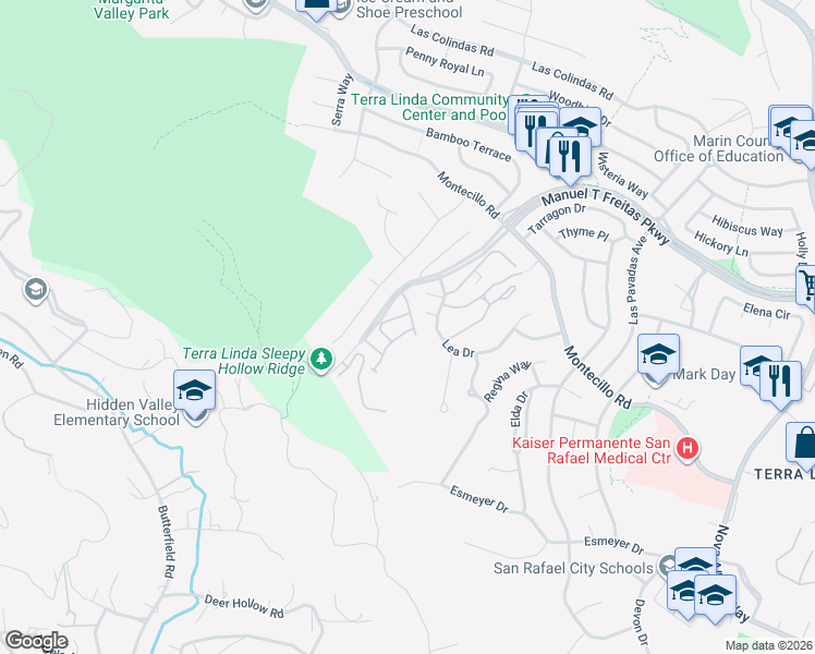 map of restaurants, bars, coffee shops, grocery stores, and more near 223 Sylvia Way in San Rafael