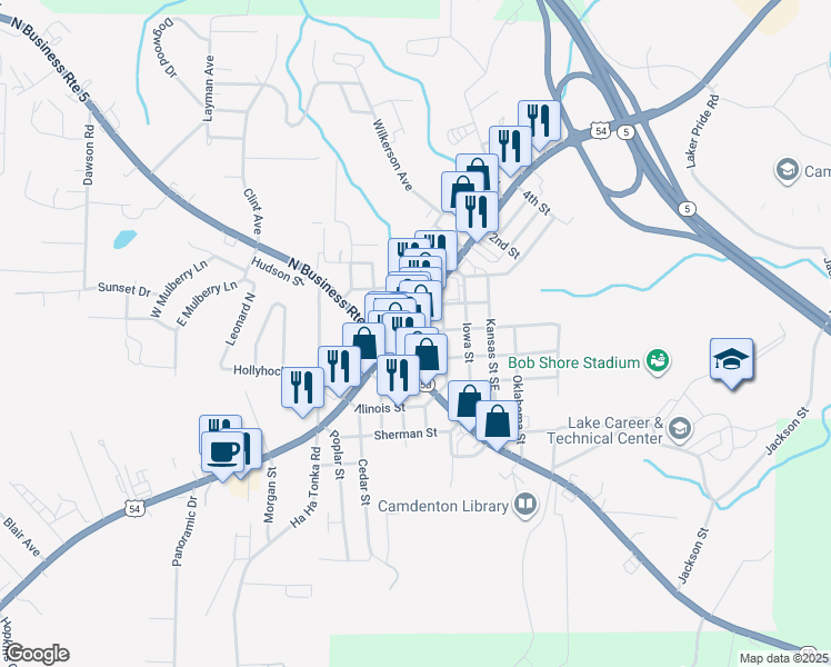 map of restaurants, bars, coffee shops, grocery stores, and more near 151 Court Circle in Camdenton