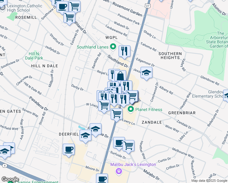 map of restaurants, bars, coffee shops, grocery stores, and more near 150 West Zandale Drive in Lexington