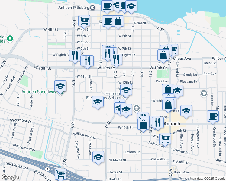 map of restaurants, bars, coffee shops, grocery stores, and more near 605 West 13th Street in Antioch