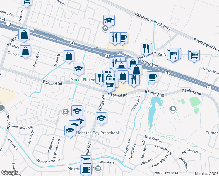 map of restaurants, bars, coffee shops, grocery stores, and more near 2253 Loveridge Road in Pittsburg