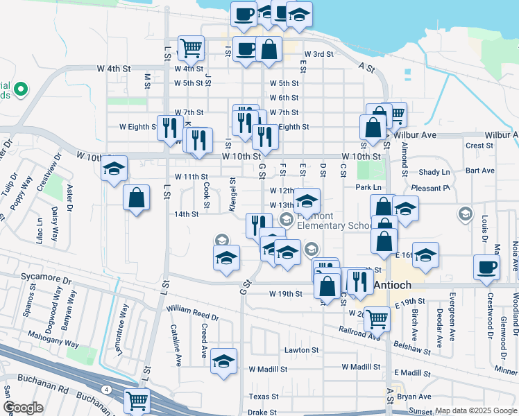 map of restaurants, bars, coffee shops, grocery stores, and more near 601 West 13th Street in Antioch