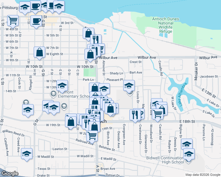 map of restaurants, bars, coffee shops, grocery stores, and more near 39 East 13th Street in Antioch