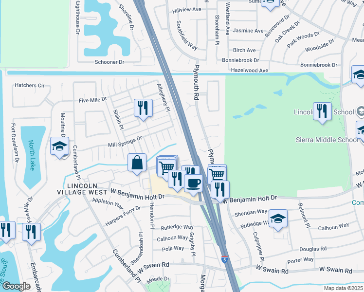 map of restaurants, bars, coffee shops, grocery stores, and more near 3286 Blue Ridge Circle in Stockton