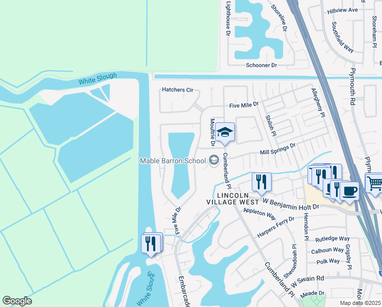 map of restaurants, bars, coffee shops, grocery stores, and more near 4019 Five Mile Drive in Stockton