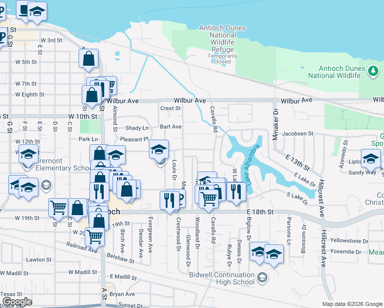 map of restaurants, bars, coffee shops, grocery stores, and more near 1310 Noia Avenue in Antioch