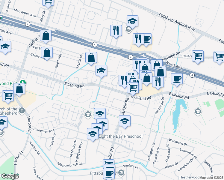 map of restaurants, bars, coffee shops, grocery stores, and more near 1128 East Leland Road in Pittsburg