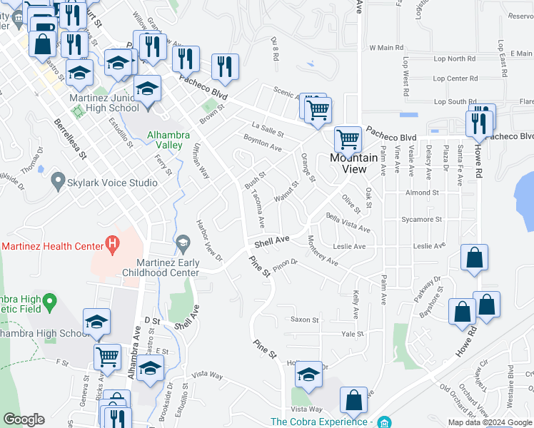 map of restaurants, bars, coffee shops, grocery stores, and more near 2220 Tacoma Avenue in Martinez