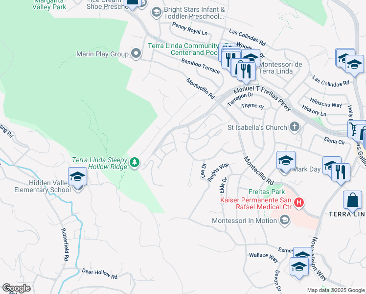map of restaurants, bars, coffee shops, grocery stores, and more near 223 Sylvia Way in San Rafael