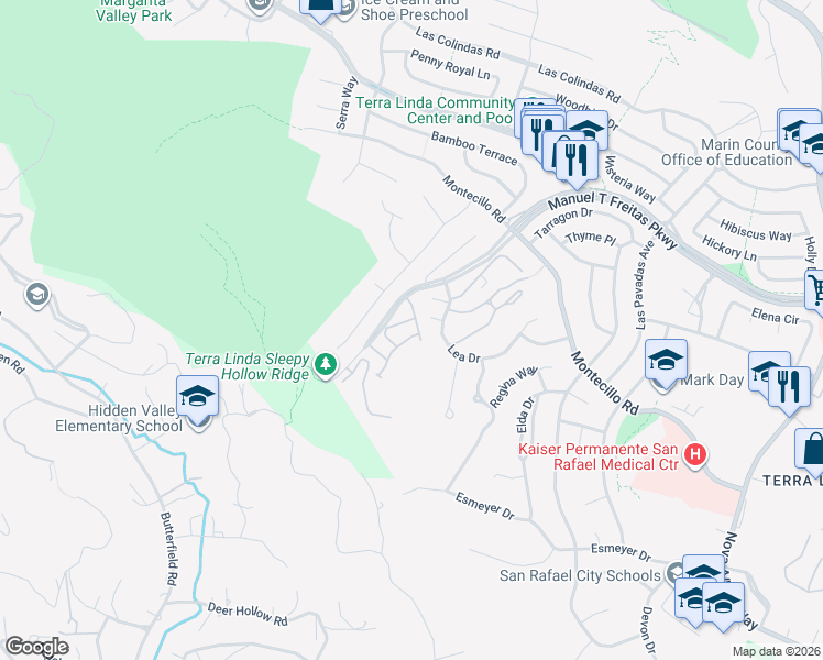 map of restaurants, bars, coffee shops, grocery stores, and more near 223 Sylvia Way in San Rafael