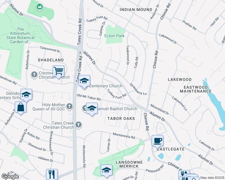 map of restaurants, bars, coffee shops, grocery stores, and more near 1120 Turkey Foot Road in Lexington