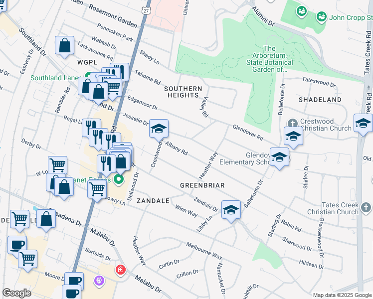 map of restaurants, bars, coffee shops, grocery stores, and more near 226 Albany Road in Lexington