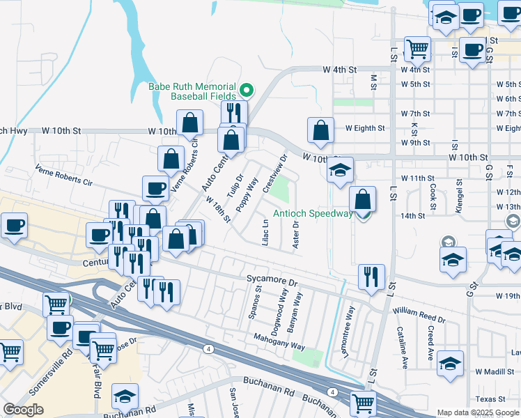 map of restaurants, bars, coffee shops, grocery stores, and more near 1509 Crestview Drive in Antioch