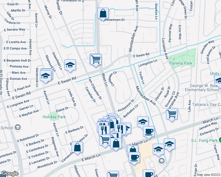 map of restaurants, bars, coffee shops, grocery stores, and more near 5799 Caribbean Circle in Stockton