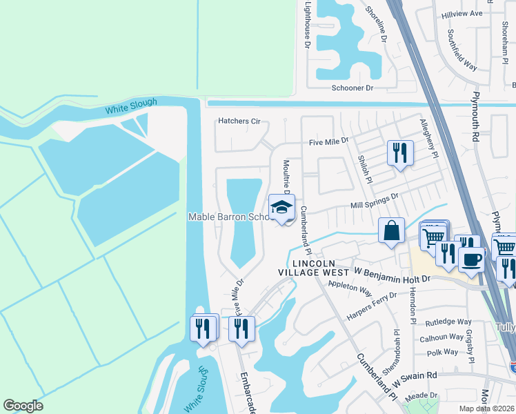 map of restaurants, bars, coffee shops, grocery stores, and more near 4019 Five Mile Drive in Stockton