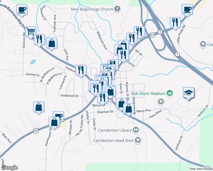 map of restaurants, bars, coffee shops, grocery stores, and more near 46 U.S. 54 in Camdenton