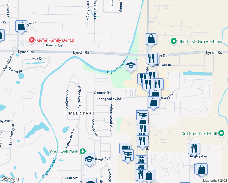 map of restaurants, bars, coffee shops, grocery stores, and more near 4300 Spring Valley Road in Evansville