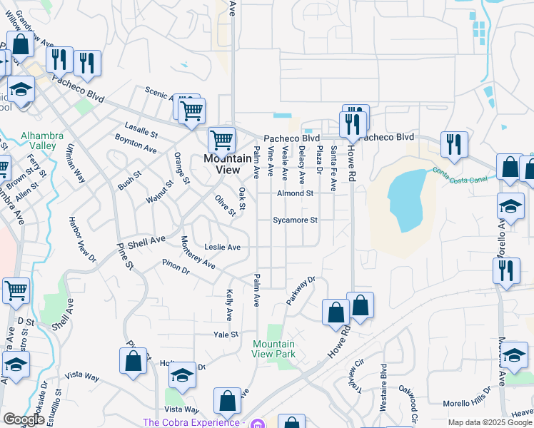 map of restaurants, bars, coffee shops, grocery stores, and more near 1115 Vine Avenue in Martinez