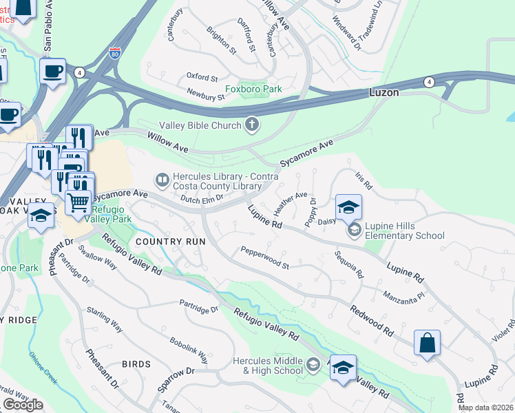 map of restaurants, bars, coffee shops, grocery stores, and more near 118 Aster Court in Hercules