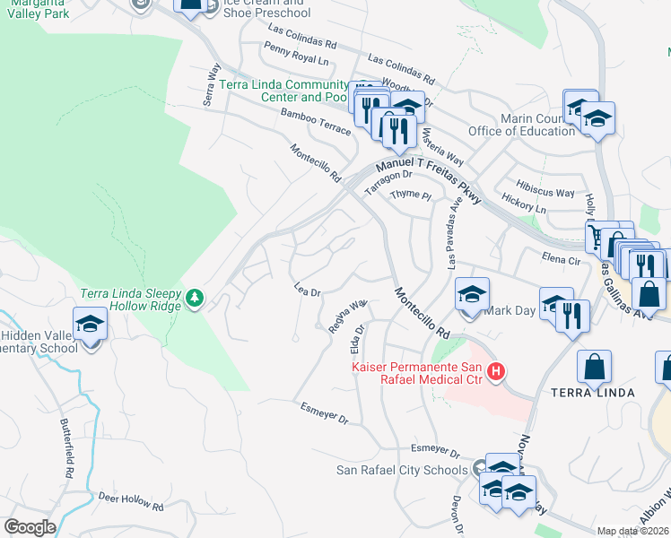 map of restaurants, bars, coffee shops, grocery stores, and more near 40 Forest Lane in San Rafael