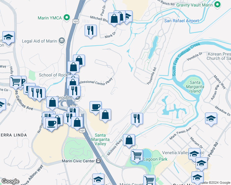 map of restaurants, bars, coffee shops, grocery stores, and more near 260 Channing Way in San Rafael