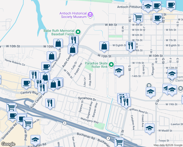 map of restaurants, bars, coffee shops, grocery stores, and more near 1519 Daisy Way in Antioch