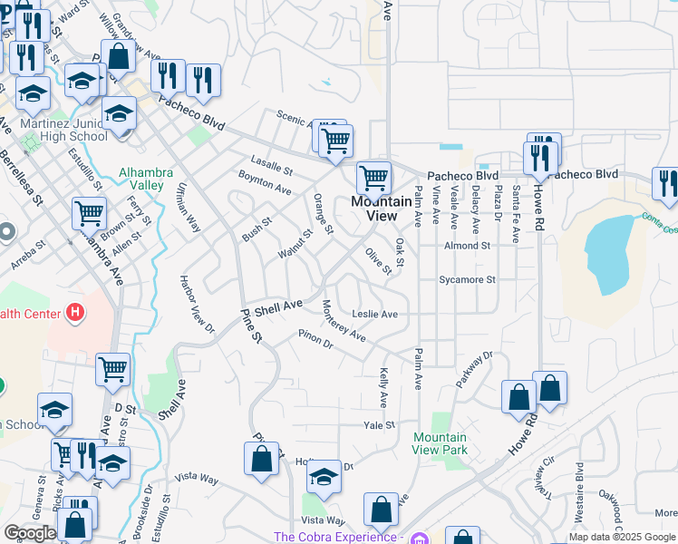 map of restaurants, bars, coffee shops, grocery stores, and more near 1044 Shell Avenue in Martinez