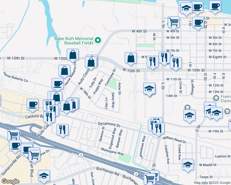 map of restaurants, bars, coffee shops, grocery stores, and more near 1519 Daisy Way in Antioch