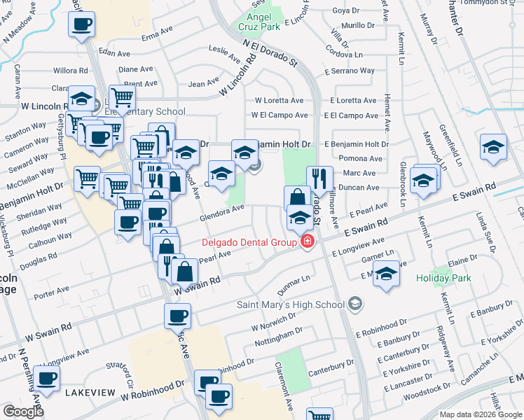 map of restaurants, bars, coffee shops, grocery stores, and more near 6216 Alturas Avenue in Stockton