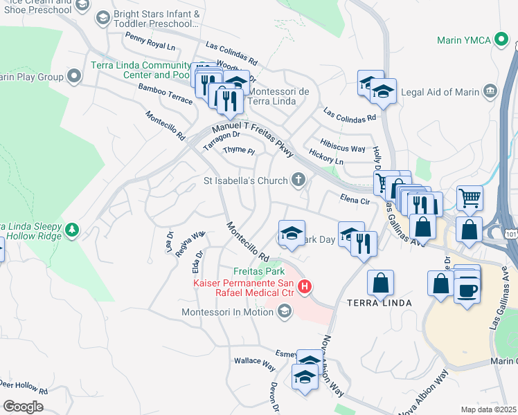 map of restaurants, bars, coffee shops, grocery stores, and more near 607 Tamarack Drive in San Rafael
