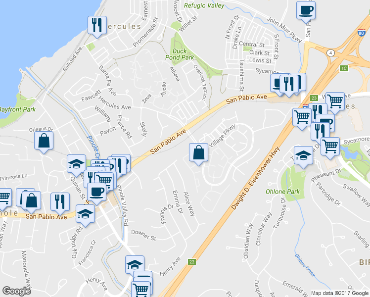 map of restaurants, bars, coffee shops, grocery stores, and more near 54 Glenwood in Hercules