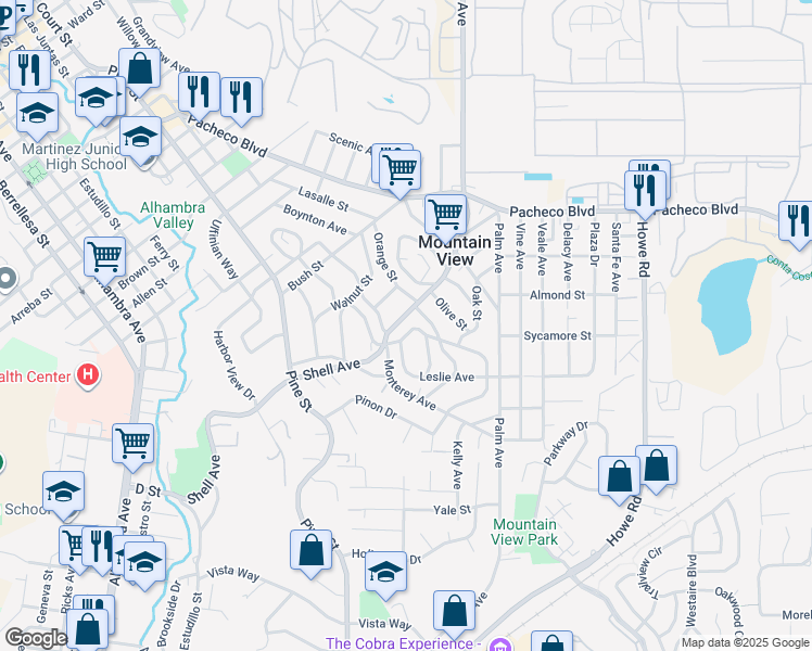 map of restaurants, bars, coffee shops, grocery stores, and more near 1044 Shell Avenue in Martinez