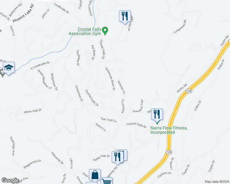 map of restaurants, bars, coffee shops, grocery stores, and more near 21301 American River Drive in Sonora