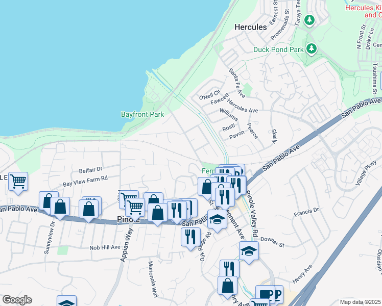 map of restaurants, bars, coffee shops, grocery stores, and more near 424 Tennent Avenue in Pinole