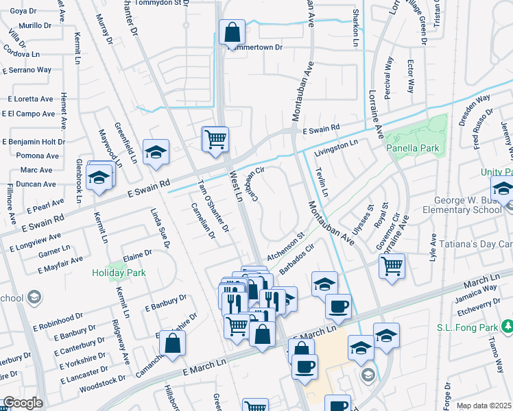 map of restaurants, bars, coffee shops, grocery stores, and more near 5795 Caribbean Circle in Stockton