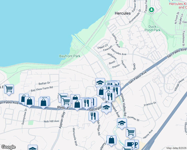map of restaurants, bars, coffee shops, grocery stores, and more near 412 Tennent Avenue in Pinole