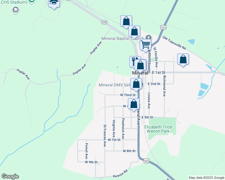 map of restaurants, bars, coffee shops, grocery stores, and more near 311 Virginia Avenue in Mineral