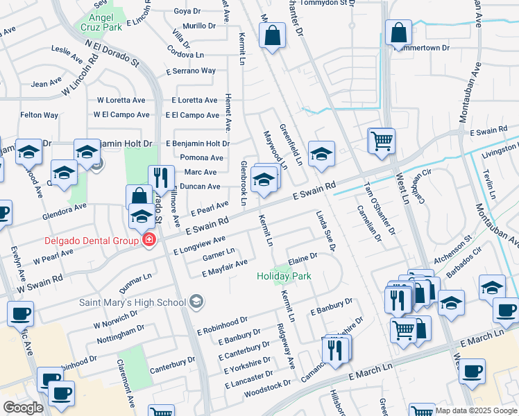 map of restaurants, bars, coffee shops, grocery stores, and more near East Swain Road & Kermit Lane in Stockton