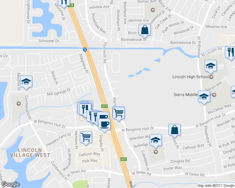 map of restaurants, bars, coffee shops, grocery stores, and more near 2857 Buckner Court in Stockton