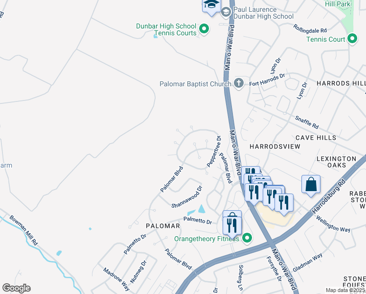map of restaurants, bars, coffee shops, grocery stores, and more near 3985 Palomar Boulevard in Lexington