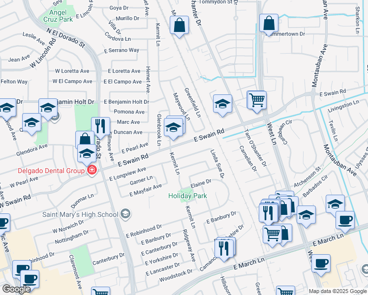 map of restaurants, bars, coffee shops, grocery stores, and more near 722 East Swain Road in Stockton