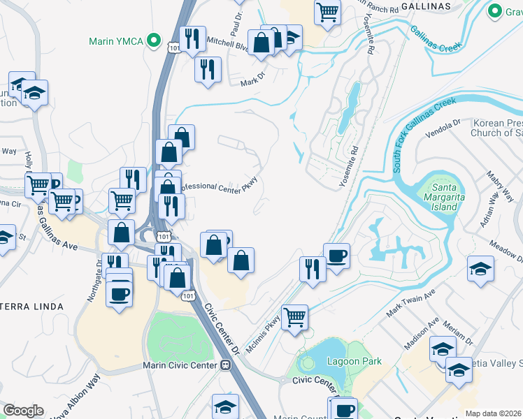 map of restaurants, bars, coffee shops, grocery stores, and more near 260 Channing Way in San Rafael