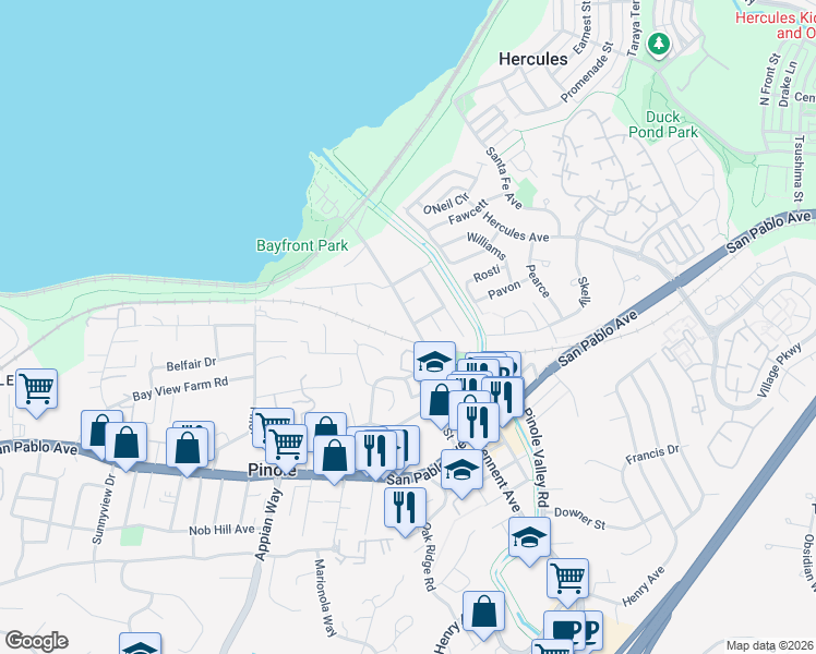 map of restaurants, bars, coffee shops, grocery stores, and more near 412 Tennent Avenue in Pinole